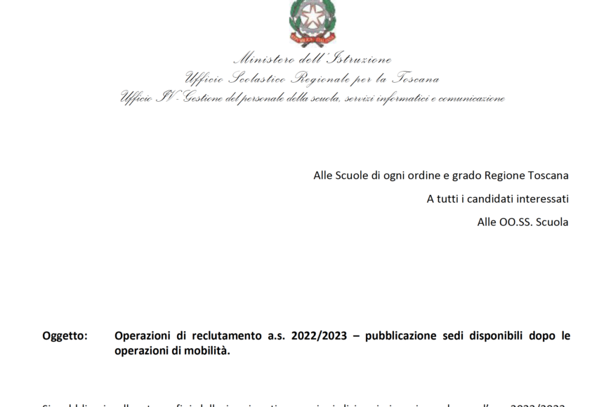 Si pubblica la nota AOODRTO.10102/2022 relativa all’oggetto e le sedi disponibili.